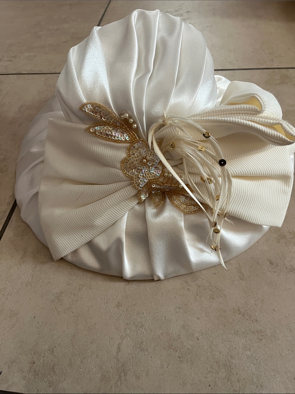 Vintage Ivory Satin looking Decorative Turban Hat with Gold Sequin Accent